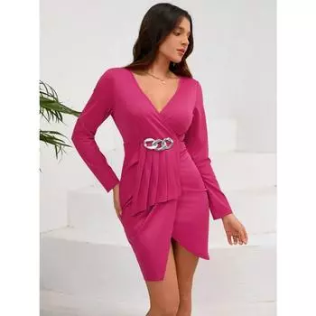 Женское сексуальное платье с длинным рукавом и V-образным вырезом, элегантное платье с поясом на бедрах S розы красного