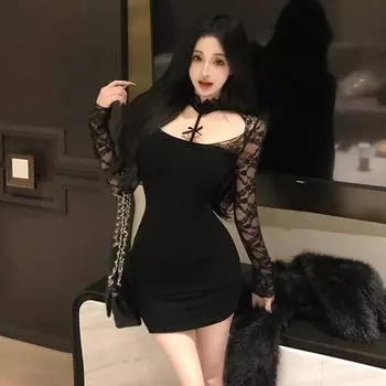 Женское сексуальное платье с длинным рукавом и кружевным вырезом Spice Neck S чёрный
