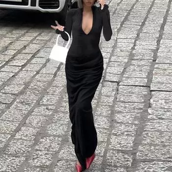 Женское сексуальное платье с глубоким V-образным вырезом и длинными рукавами, однотонное, Spice Girl, модное, длинное, с двойной складкой S чёрный