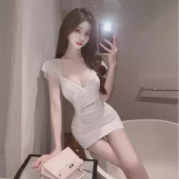 Женское сексуальное платье с глубоким вырезом и V-образным вырезом — облегающий крой, прикрывающий живот, узкая юбка на бедрах для лета Large чёрный