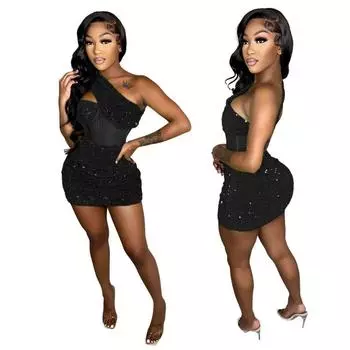 Женское сексуальное платье с косым вырезом и пайетками в стиле пэчворк для ночного клуба, вечеринки, на бедрах S чёрный