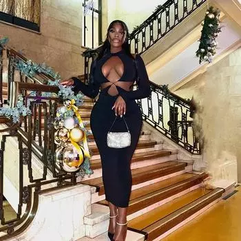 Женское сексуальное платье с круглым вырезом, однотонное, с запахом на груди, с длинным рукавом, с открытой спиной, для уличного ночного клуба, с бедрами S чёрный