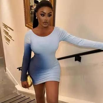 Женское сексуальное платье с круглым вырезом, пуловер с градиентным принтом, с длинными рукавами, приталенный сзади, уличное платье с бедрами S небесно-голубой