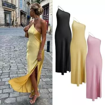 Женское сексуальное платье с наклонным воротником без рукавов и открытой спиной, длинное платье, однотонное вечернее платье с боковым разрезом S жёлтый