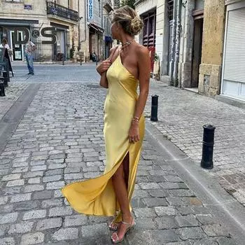 Женское сексуальное платье с наклонным воротником без рукавов с открытой спиной, длинное платье, однотонное дизайнерское вечернее платье с боковым разрезом S жёлтый