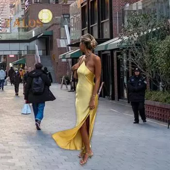 Женское сексуальное платье с наклонным воротником без рукавов с открытой спиной, длинное платье, однотонное дизайнерское вечернее платье с боковым разрезом S жёлтый