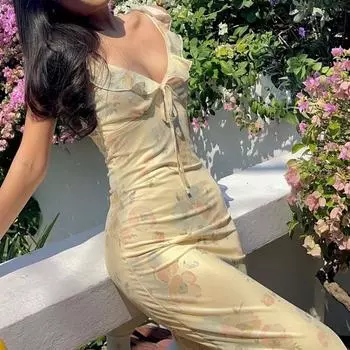 Женское сексуальное платье с низким вырезом, без рукавов, с открытой спиной, облегающее, на бретелях, с цветочным принтом, пляжная одежда, женские платья S жёлтый