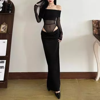 Женское сексуальное платье с открытой спиной и сетчатым принтом, длинное, с вырезом S чёрный