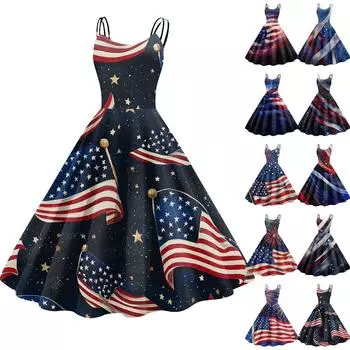 Женское сексуальное платье с открытыми плечами в стиле панк-винтаж с принтом «День независимости» XL синий