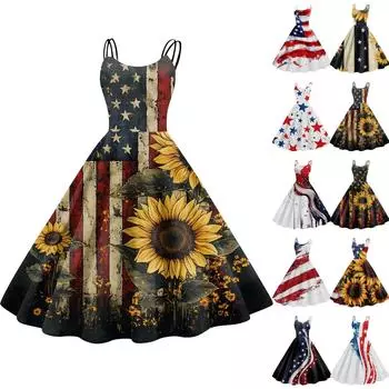Женское сексуальное платье с открытыми плечами в стиле панк-винтаж с принтом «День независимости» XL