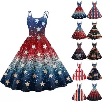 Женское сексуальное платье с открытыми плечами в стиле панк-винтаж с принтом «День независимости» XXL