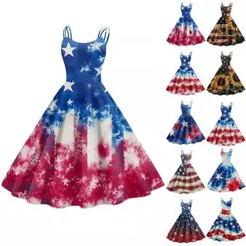 Женское сексуальное платье с открытыми плечами в стиле панк-винтаж с принтом «День независимости» M синий