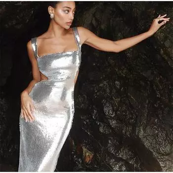 Женское сексуальное платье с пайетками, квадратный вырез, бретельки, платья, облегающие, без рукавов, с открытой спиной, макси-платья, вечерние платья, новая мода S шоколадный