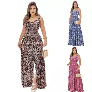 Женское сексуальное платье с подтяжками и V-образным вырезом, длинное с цветочным принтом 4XL чёрный