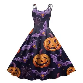 Женское сексуальное платье с принтом на Хэллоуин, с открытыми плечами, в стиле панк, винтаж L фиолетовый