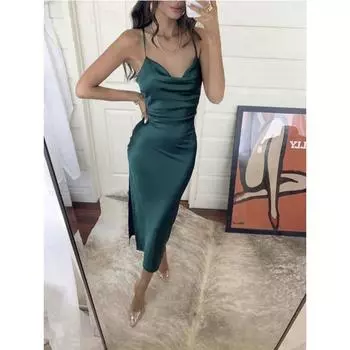 Женское сексуальное платье с разрезом и бретелькой через шею S светло-синий