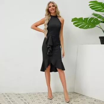 Женское сексуальное платье с тонким стоячим воротником без рукавов и рюшами в виде рыбьего хвоста, платья S ярко-розовый