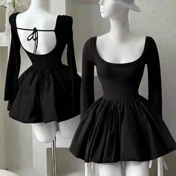 Женское сексуальное платье с U-образным вырезом и высокой талией, а-силуэт, со шнуровкой и тонкой юбкой 1XL чёрный