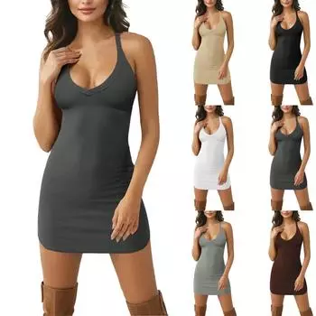 Женское сексуальное платье с U-образным вырезом и юбкой-пачком L бежевый