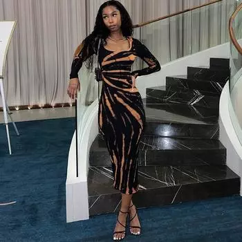 Женское сексуальное платье с U-образным вырезом, средней талией, длинными рукавами и принтом, длинная юбка, облегающее платье с ягодицами S чёрный