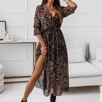 Женское сексуальное платье с v-образным вырезом и рюшами на рукавах, элегантное шифоновое длинное платье на шнуровке с запахом, женское винтажное платье макси с разрезом по бокам S кофейный