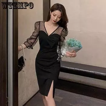 Женское сексуальное платье с v-образным вырезом и длинными рукавами, модное сетчатое платье с тонкими открытыми бедрами S чёрный