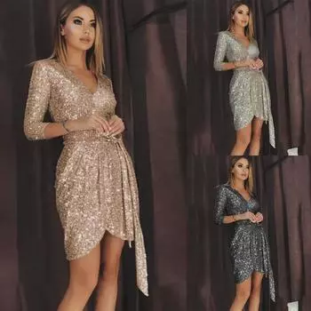 Женское сексуальное платье с V-образным вырезом, пайетками, шнуровкой и рукавами три четверти на лето 2025 года XL серебряный