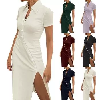 Женское сексуальное платье с воротником на пуговицах и разрезом L армия зеленый