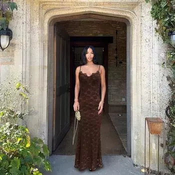 Женское сексуальное платье Spice Fashion с подтяжками, кружевным дизайном, V-образным вырезом и запахом на бедрах S кофейный