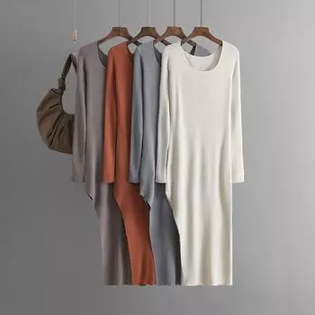 Женское сексуальное платье-свитер с разрезом по бокам, облегающее длинное платье с длинным рукавом на осень, повседневное однотонное облегающее трикотажное платье с круглым вырезом для женщин One size чёрный