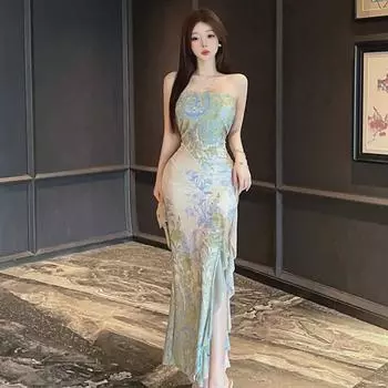 Женское сексуальное платье-труба 2024 года с нерегулярной оборкой на талии Small зелёный/цветочный