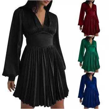 Женское сексуальное плиссированное атласное платье с высокой талией и застежкой-молнией сзади с v-образным вырезом и рукавами TA-line L чёрный