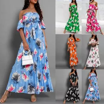 Женское сексуальное плиссированное платье с открытыми плечами и цветочным принтом с одной линией декольте L чёрный