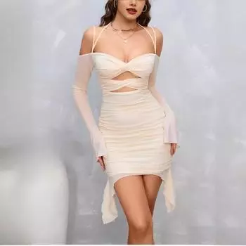 Женское сексуальное плиссированное полое облегающее платье с подтяжками, облегающим шею и ягодицы S чёрный