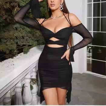 Женское сексуальное плиссированное полое облегающее платье с подтяжками, облегающим шею и ягодицы S чёрный