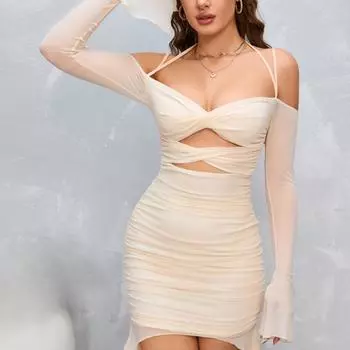 Женское сексуальное плиссированное полое облегающее платье с подтяжками, облегающим шею и ягодицы S чёрный