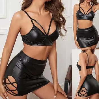 Женское сексуальное плотное полое кожаное нижнее белье из двух частей One size чёрный