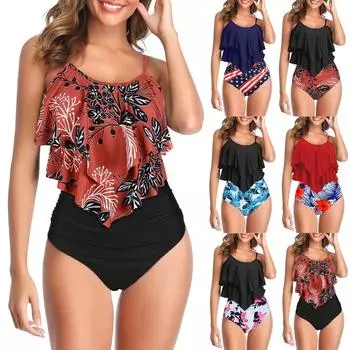 Женское сексуальное повседневное модное бикини из двух частей с принтом и высокой талией без стальной поддержки на груди L тёмно-синий