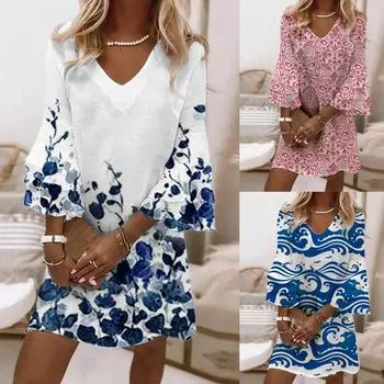 Женское сексуальное повседневное платье с v-образным вырезом и коротким рукавом с цветочным принтом, мини-платье XXL розовый