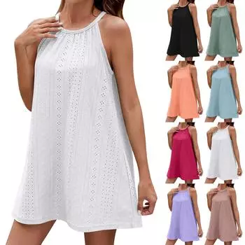 Женское сексуальное повседневное свободное дизайнерское сплошное цветное платье с круглым вырезом и бретельками на подтяжках L