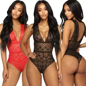 Женское сексуальное прозрачное кружевное цельное нижнее белье с глубоким V-образным вырезом и открытой спиной, боди для сна XL