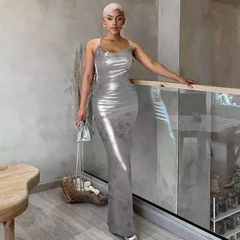 Женское сексуальное серебряное платье макси, коктейльное вечернее облегающее бальное платье L