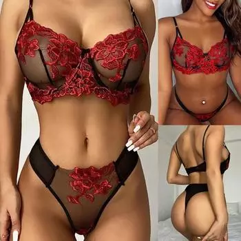 Женское сексуальное сетчатое нижнее белье из двух частей, прозрачный кружевной бюстгальтер с вышивкой S красный