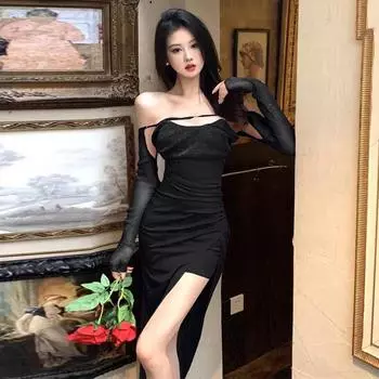 Женское сексуальное сетчатое платье-рубашка с разрезом и шалью S красный