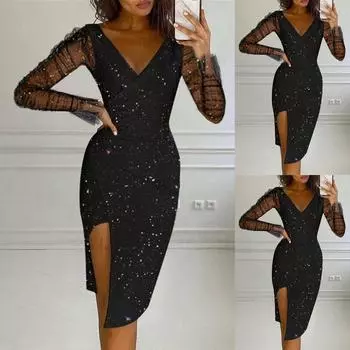 Женское сексуальное сетчатое платье с пайетками и длинным рукавом с v-образным вырезом и разрезом миди, вечернее клубное платье L чёрный