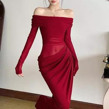 Женское сексуальное сетчатое прозрачное длинное платье на одно плечо L красный