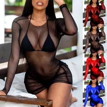 Женское сексуальное сетчатое прозрачное облегающее мини-платье, нижнее белье, клубная одежда, пляжная накидка S чёрный