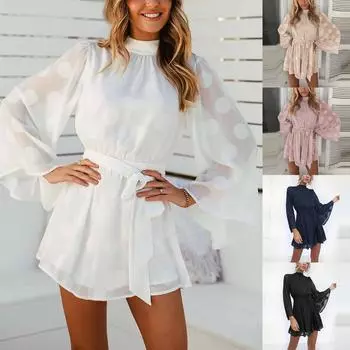 Женское сексуальное шифоновое модное платье с открытой спиной и рукавами с рогами M бежевый