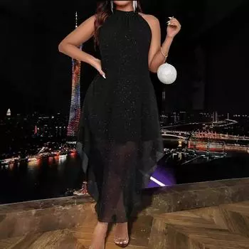 Женское сексуальное шифоновое платье без рукавов с круглым вырезом и юбкой-рюкзаком L чёрный