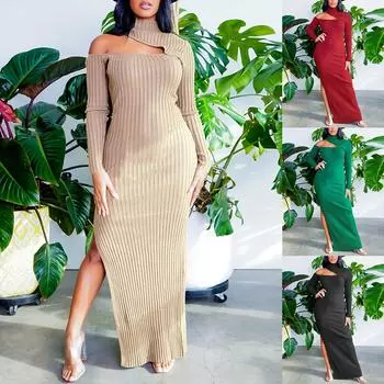 Женское сексуальное сплошное цветное платье с высоким воротником и сексуальным темпераментным платьем с разрезом XXL зелёный